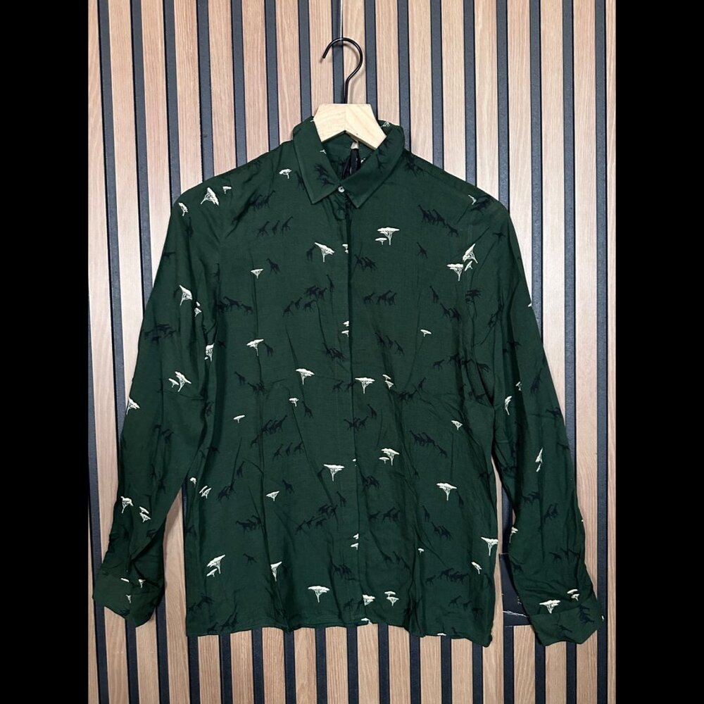 New Zara Shirt Small Womens Green Safari Art Long Sleeve Button Top Neck Tie